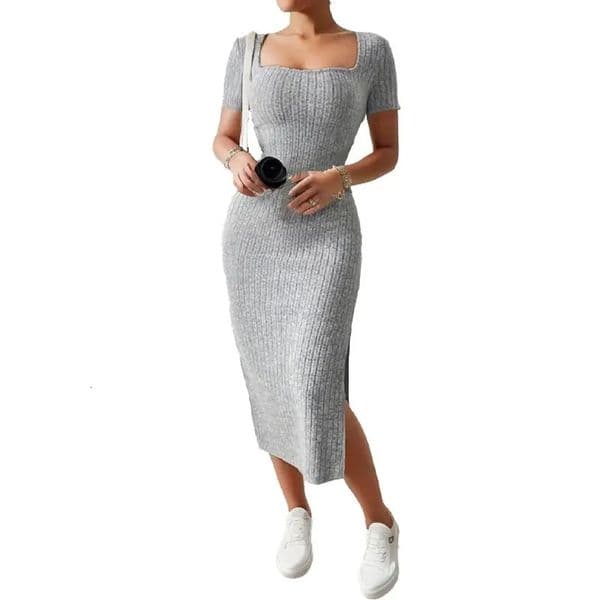 Summer Square Neck HipHugging MidLength Skirt ShortSleeved Versatile Knitted Slit Dress 250226BANJIA