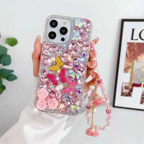Luxury Bling Butterfly Flower Diamond Crystal Bracelet Phone Case Cover For iPhone 16 15 14 13 12 Mini 11 Pro X XS Max XR Plus Z250227