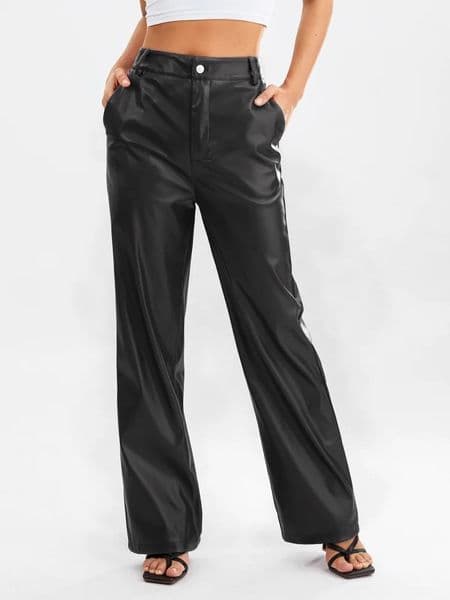 Women PU Leather Long Pants Solid Color High Waist Wide Leg Straight Pants Summer Autumn Vintage Elegant Loose Trousers Fashion 250226