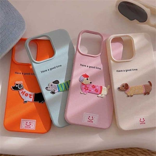 Korean Cute Cartoon Dachshund Litchi Pattern Phone Case For iPhone 16 15 14 13 12 11 Pro Max X XR Shockproof Soft Silicone Cover Z250227