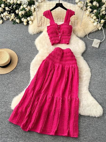 SINGREINY Casual Beach Style 2pcs Suits Single Breasted Mini CamisoleElastic Waist A Line Fold Slim Skirt Gentle Women Sets 250222BJ