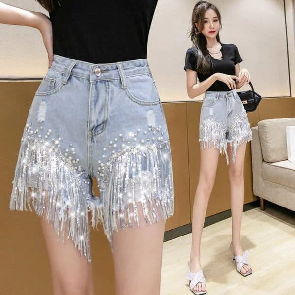 Womens Summer Denim Shorts Y2k Elegant Fashion High Waist Diamond Studded Rhinestones Sequin Jean Pants for Ladies 250227