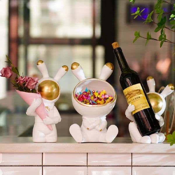 Chinese Style Decoration Home Space Rabbit Ornament Resin Figurines Miniatures Wine Rack Accept Tray Table Decor Accessories 250228