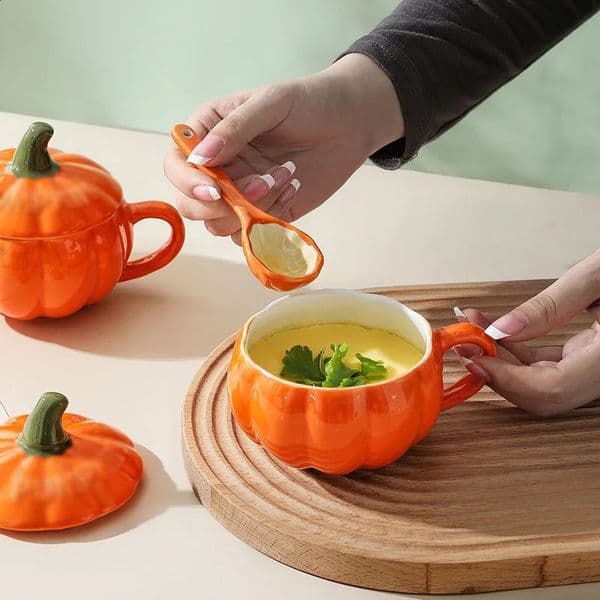 Halloween Creative Pumpkin Mug Ceramic Cup With Spoon Soup Lid Oatmeal breakfast For kids Tea Milk Coffee 250228