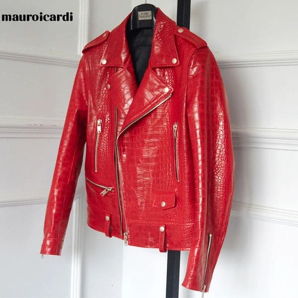 Mauroicardi Spring Red Pattern Faux Leather Biker Jacket Long Sleeve Zipper Plus Size Mens Clothing 4xl 5xl 250225