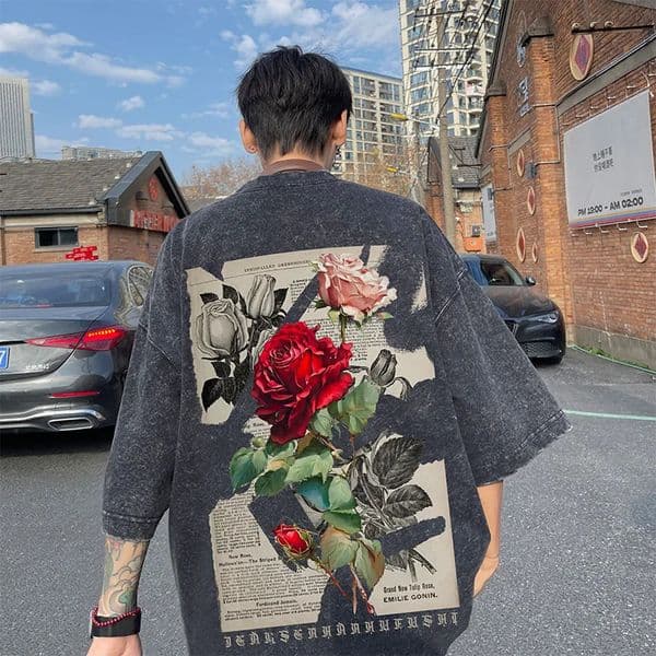 Gothic Washed T-Shirt for Men Vintage Rose Graphic Short Sleeve Tee Tops Hip Hop Street Couple Tshirts Men Women Clothing 250530