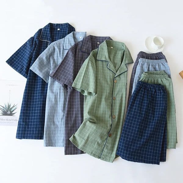 High Quality and Durable Men Cotton Pajama Set SingleLine Checkered Matching Loungewear Cardigan Shorts Sleepwear 250526BANJIA