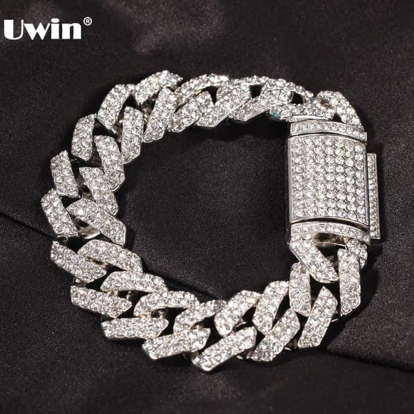 UWIN 18mm Zinc Alloy Cuban Chain Bracelet for Men Two Rows Bling Rhinestone Bracelets Fashion Hip Hop Jewelry for Drop 250530