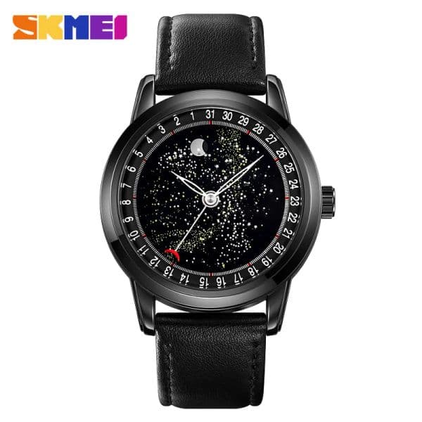 SKMEI Fashion Moon Lunar Phase Starry Sky Men's Quartz Watch Leather Band Mens Waterproof Wristwatches Relogios Masculino