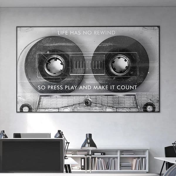 Motivational Cassette Canvas Print Life Has No Rewind Quote Wall Art Black White Home Decor Poster