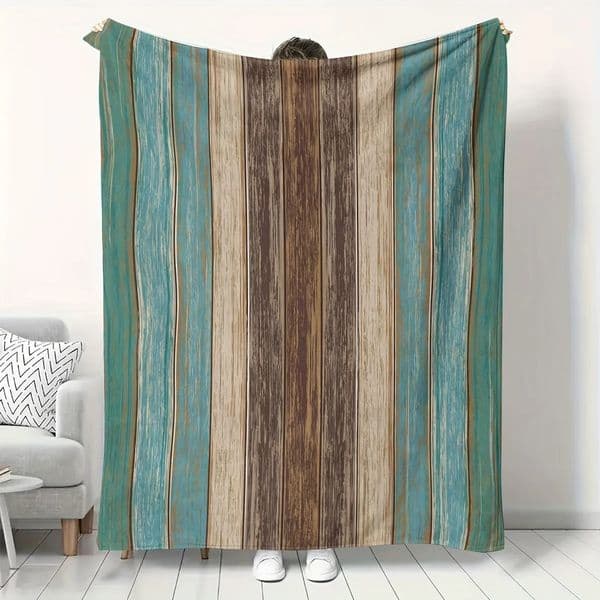 Vintage Flannel Throw Blanket - Soft Woodgrain Print Teal/Brown Plush Polyester Lightweight for Sofa/Bed/Travel 250604