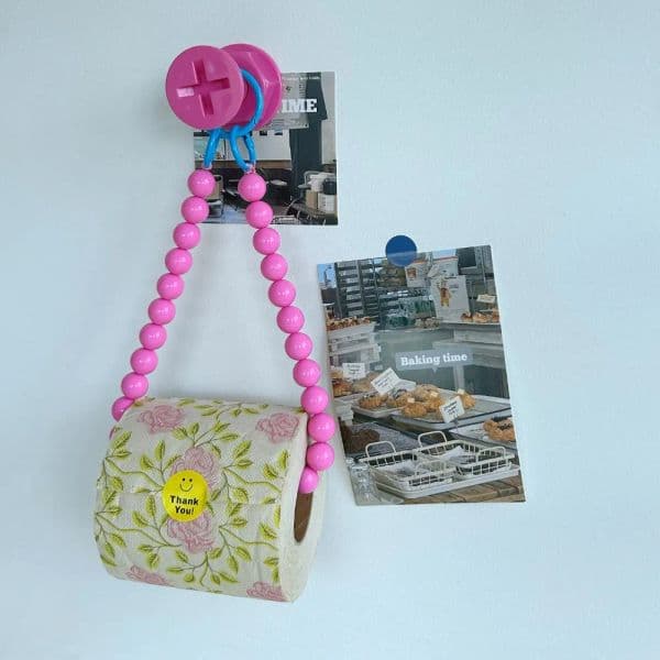 Chic Pink Beaded Toilet Paper Holder & Phone Chain - Punch-Free, Wall-Mounted Organizer For Bathroom And Office Decor