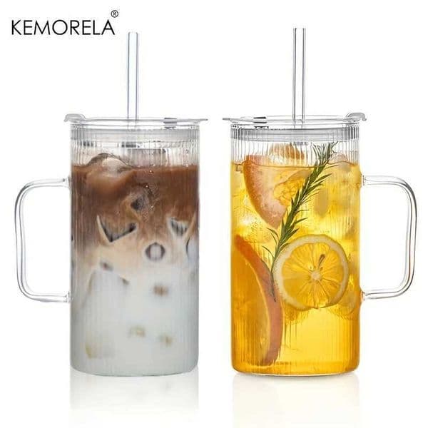 KEMORELA 740ML Large Ribbed Glass Tumbler with Handle and Lid Set of 1/2 Clear Glass Cups with Reusable Straws for Iced Coffee X250605
