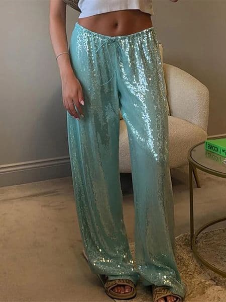 Casual Sequin Pants Women Loose Elastic Waist Wide Legs Trousers Female 2025 Spring Summer Fashion Chic Solid Streetwears Lady 250529BJ