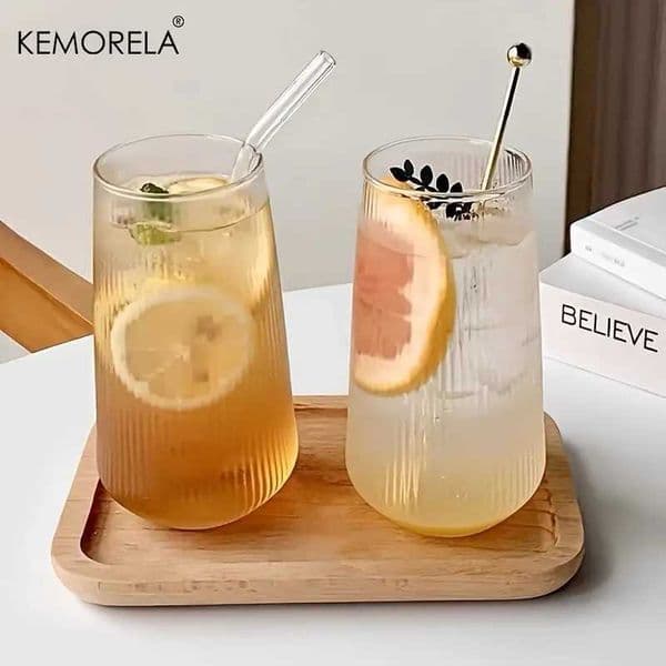 KEMORELA 4/6PCS Heat-Resistant Vertical Stripes Clear Glass Cup With Lid Straw Coffee Cup Milk Beer Juice Tea Cup Drinking Cup X250605