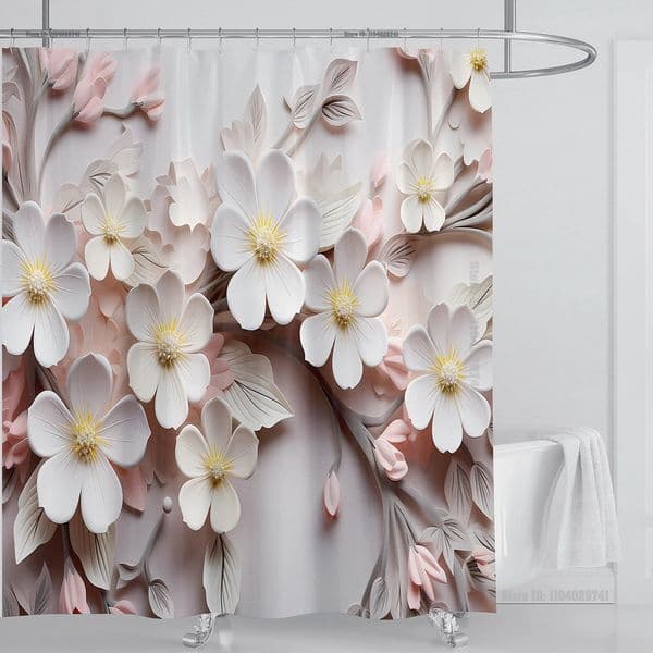 3D Floral Shower Curtain Set Orange Flower Fabric Bathroom Decor Waterproof Washable Shower Curtain Set with Hooks 250529