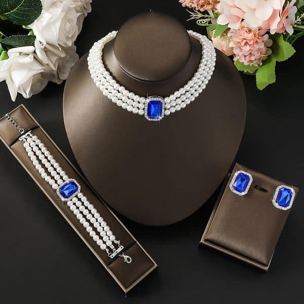 4PC Womens Fashion Light Short Style Imitation Pearl Turquoise Necklace Earrings Bracelet Jewelry Set Party Festival Gif 250530