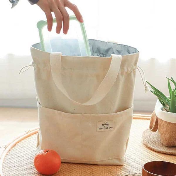 Drawstring Canvas Insulated Lunch Bag Thicken Aluminum Foil Thermal Bento Box Tote Cooler Handbags Picnic Food Dinner Container M250606