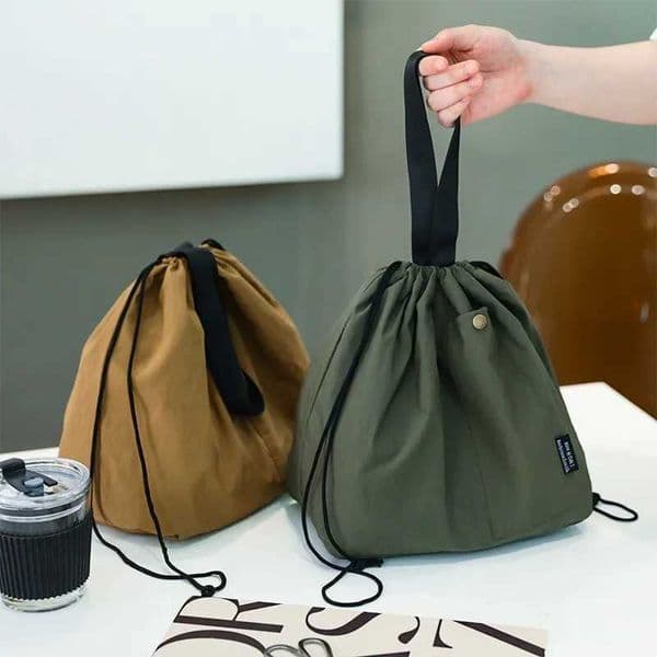 Japanese Korean Lunch Bag Cotton Canvas Large Solid Color Drawstring Portable Thermal Insulated Picnic Storage Bento Box Bag M250606
