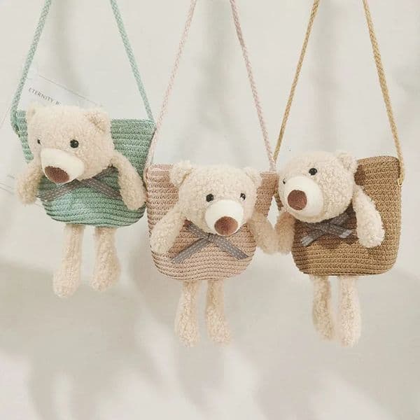 Cartoon Bear Crossbody Bags for Girls Straw Woven Shoulder Bag Princess Kids Messenger Mini Coin Purse Summer Beach Handbag 250605