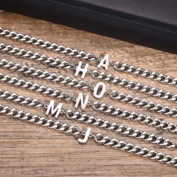 Vnox A-Z Initial Cuban Chain Bracelets for Men Women Silver Color Stainless Steel Curb Links Letters Name Charm Bracelet Gift W250606