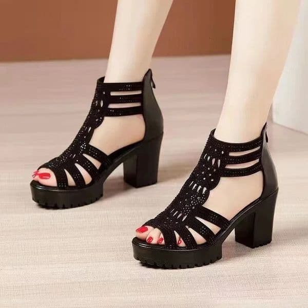 2024 Summer Womens Hollow Roman Sandals High Heels Girls Casual Sandals Open Toed Fish Mouth Shoes Striped High Top Shoes 250605