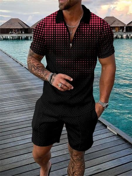 Funny 3D Polka Dot Print Mens Short Sleeve Sets Fashion Zip Polo Shirt Shorts 2 Piece Outfit Summer Street Clothing Casual Suit 250605