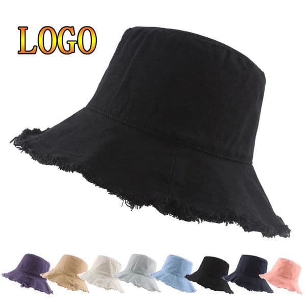 Custom Tassel Washed Denim Bucket Hat Cotton Plain Wide Brim Foldable Fishermans Hat Outdoor Beach Panama Cap 250605