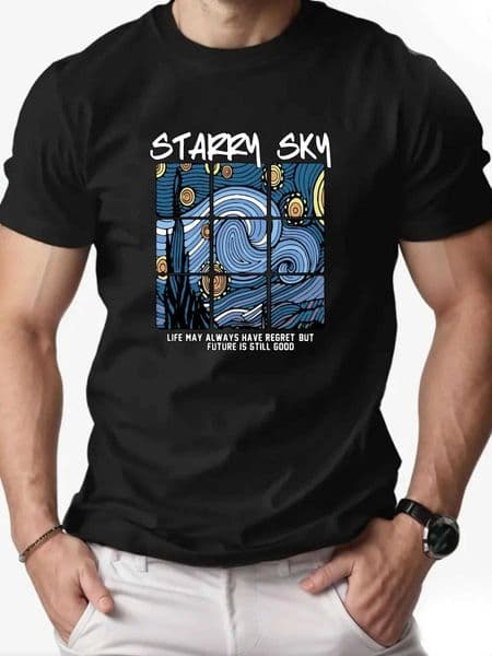 Mens T-Shirt 00% Cotton Oil Painting Pattern Print Summer Oversized Round Neck Breathable Casual Short Sleeve Fashion T Shirt W250607