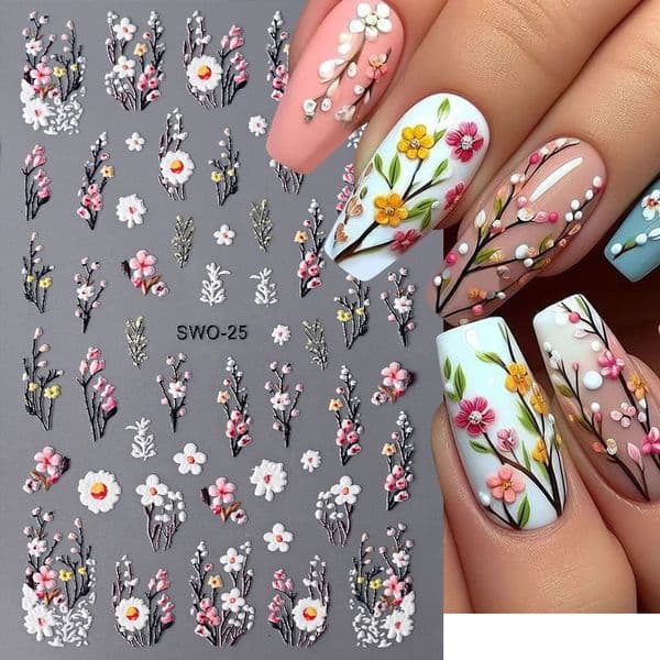 1Pc 3D Lavendar Flowers Stickers for Nails Spring Sakura Floral Leaves SelfAdhesive Sliders Decals Art Manicure Decoration 250605