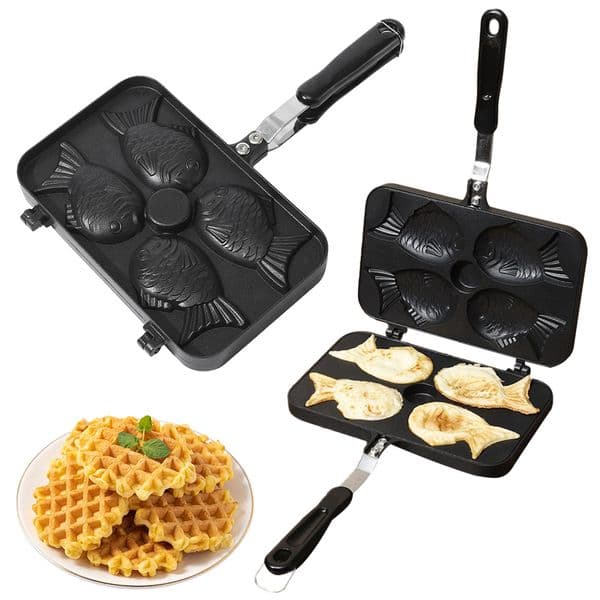 Four Fish Shaped Fry Pan Waffle Molds Non-Stick Taiyaki Baking Pan Kitchen DIY Takoyaki Cake Oven Breakfast Machine Waffle Maker