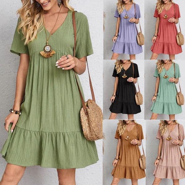 Loose V-neck Short Sleeved Pleated Women Dress Solid Color A-line Beach Dresses Elegant Simple Comfortable Woman Clothing 250606BJ