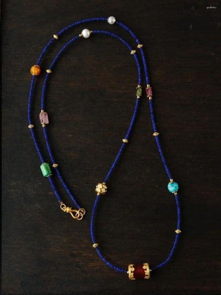 Pendant Necklaces Original Design Vintage Natural Lapis Lazuli Bead Long Necklace For Women Multi Gemstone Pearl Tourmaline Turquoise