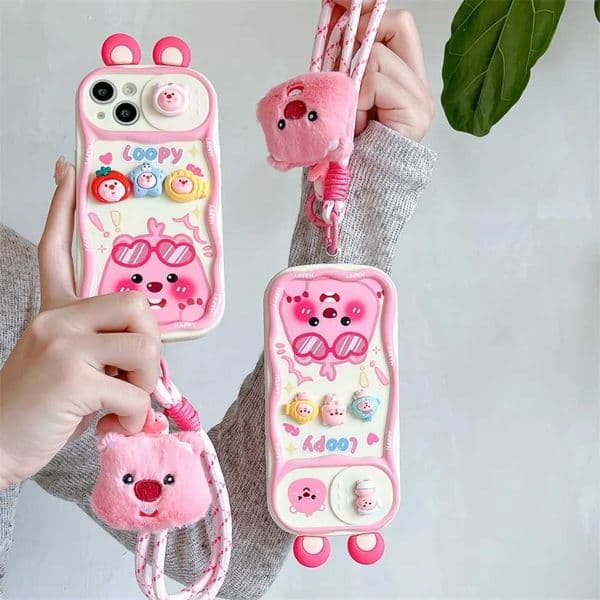 Cute 3D Cartoon Loopy Push-Pull Camera Phone Case for 16 15 Pro Max 14 Plus 13 12 Pro Max 11 with Strap Soft Back CoverXJ250609