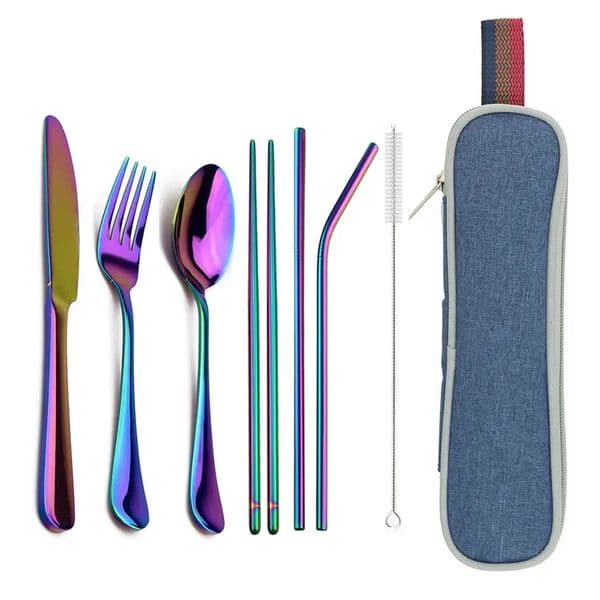Travel Hiking Dinnerware Set with Reusable Metal Straw Cutlery Stainless Steel Spoon Fork Chopsticks Silverware Portable Pouch 250609