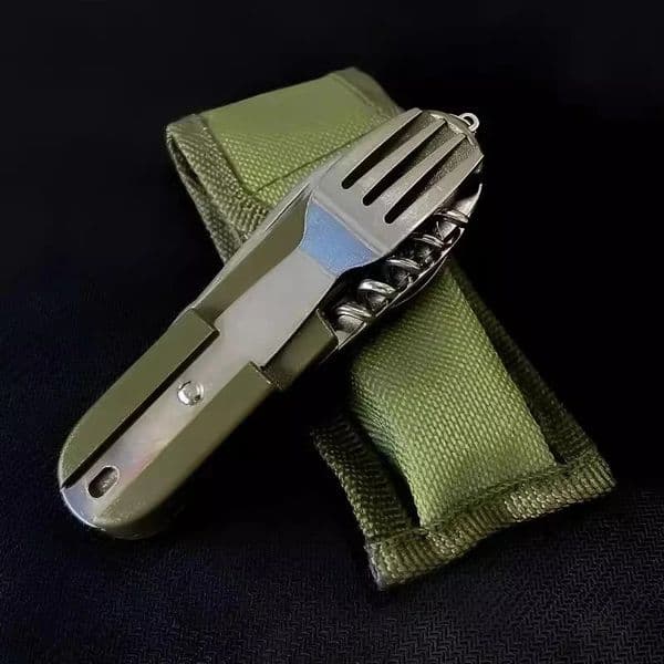 7 in 1 Camping Gear Portable Stainless Steel Spoon Fork Knife and Bottle Opener Combination Set Travel Backpack Style Tableware 250609