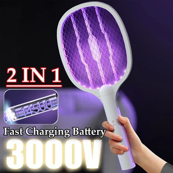 Handheld Electric Fly Swatter 3000V Bug Zapper Racket 2 in 1 Fly Swatter with USB Rechargeable Mosquito Killer Lamp Pest Control 250606