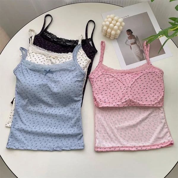 Summer Print Crop Tops for Women Bow Lace Camisole Sexy Backless Vest with Padded Basic Tank Top Bm Style Camis Y2k Streetwear 250527