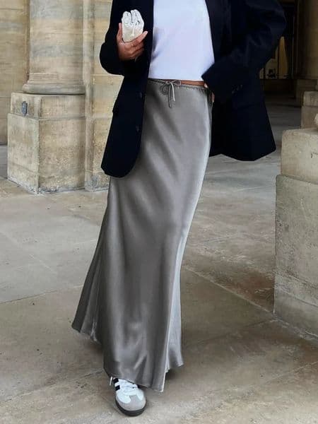 Grey High Waist Skirts for Women Fashion Temperament Elegant Black Satin Skirt Classics Versatile Slim Long Skirt Summer 250529
