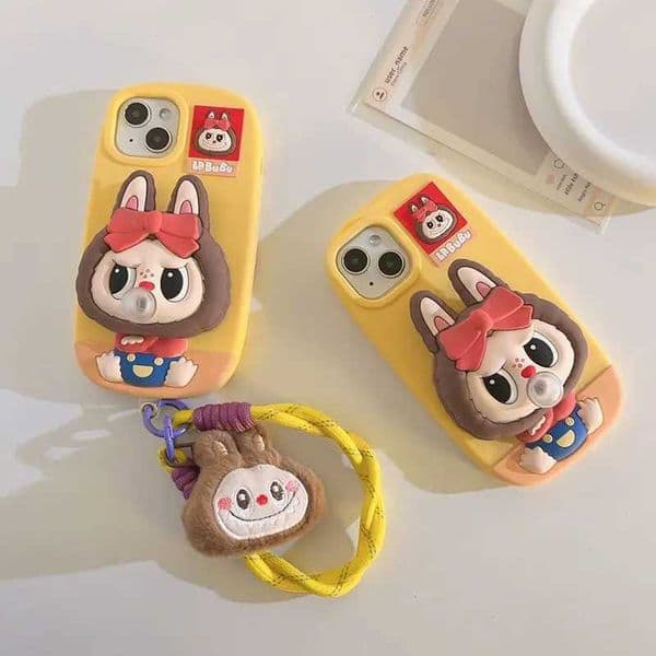 Kawaii Labubu Can Be Pressed To Blow Bubbles Soft Silicone Protective Case Anime Case for 11 12 13 14 15 Pro 16 Pro Max XJ250609