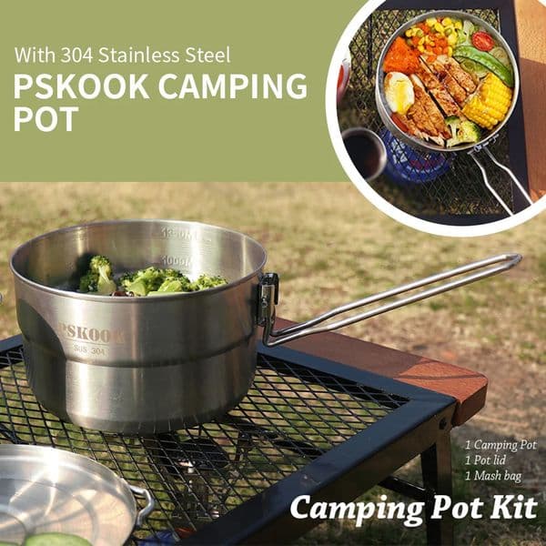 1.5L Outdoor Camping Pot 304 Stainless Steel Camping Cookware With Lid And Folding Handle for Backpacking Hiking Picnic 250609