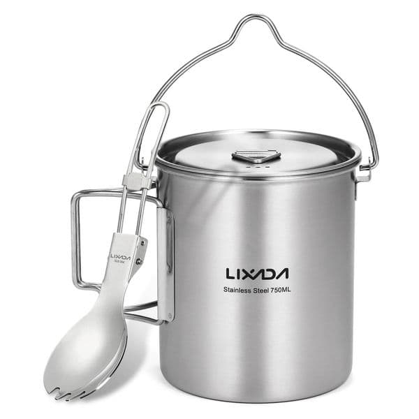 LIXADA Portable 750ml Stainless Steel Pot Water Mug Cup with Lid and Foldable Handle Outdoor Camping Cooking Picnic Drinkingware 250609