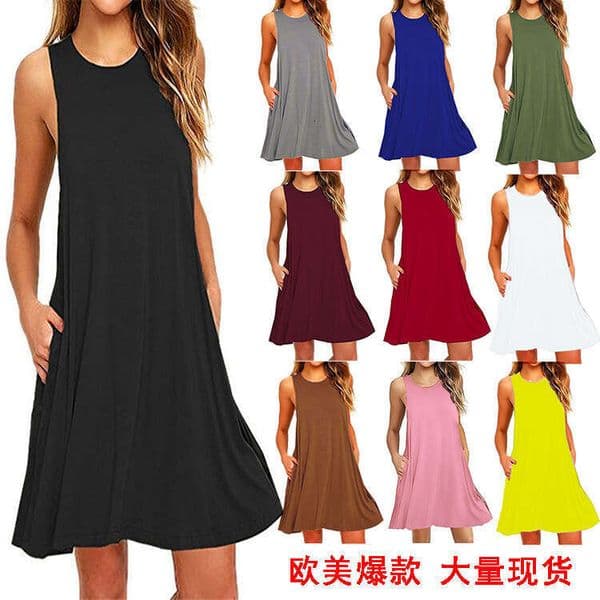 Summer Fashion Sleeveless Pocket Vest New Solid Color Dress Women's Clothing B5