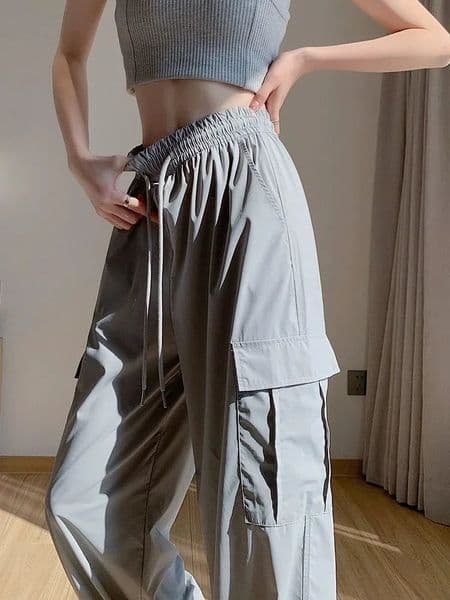 Summer Cargo Pants for Women Wide Leg High Waist Drawstring Woman Trousers Ice Silk Casual G Autumn Clothing Chic and Elegant 250610
