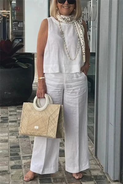 European and n spring and summer fashion simple sleeveless pure color cotton linen two-piece suit 250606