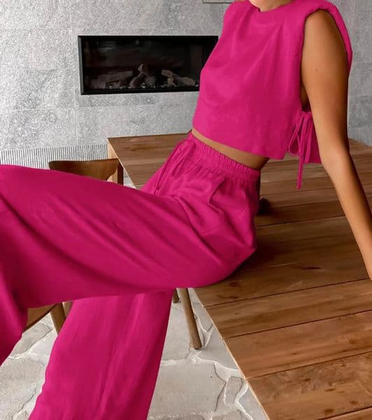 Fashion 2 Piece Sets Women Outfits Shoulder Pad Sleeveless Top Pants Sets Casual Cotton and Linen Womens Suit Summer 250606
