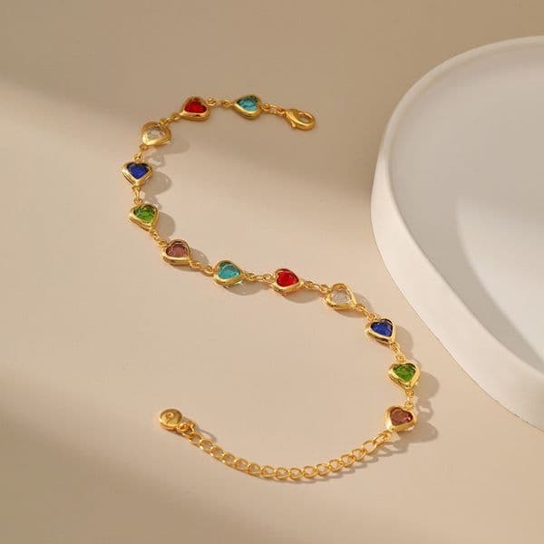 Rainbow Personalized Alloy Heart Dopamine Bracelet Antioxidant Beaded Bracelet Shiny Ins Style Colorful Heart-shaped Zircon Bracelet