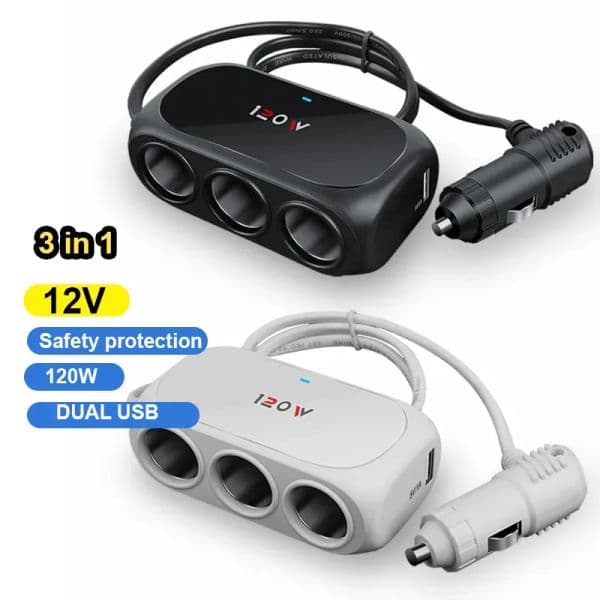 120W 3 in 1 Dual USB Socket Car Cigarette Lighter Adapter 12V 24V Splitter LED Fast Chargers Plug Adapter for IPhone GPS Dashcam