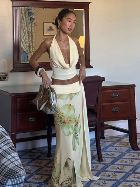 Weird Puss Elegant Women 3 Piece Set Stack Trend Halter TopsSplit Tassel TasselFlowers Mesh Skirts Matching Vacation Clubwear 250606BJ