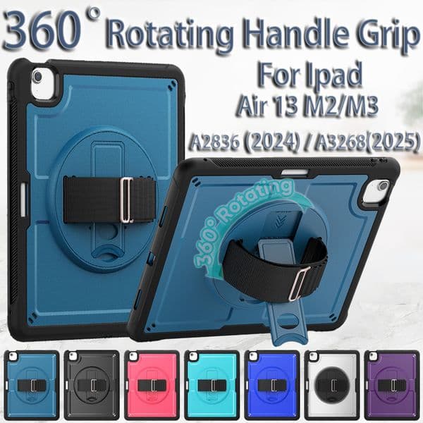 For iPad Pro Air 13 Inch Case M2 M3 2025 Rotatable Hand Strap Stand Shockproof Tablet Cases Lightweight PC + TPU Armor Cover with with Pencil Holder Screen Protector